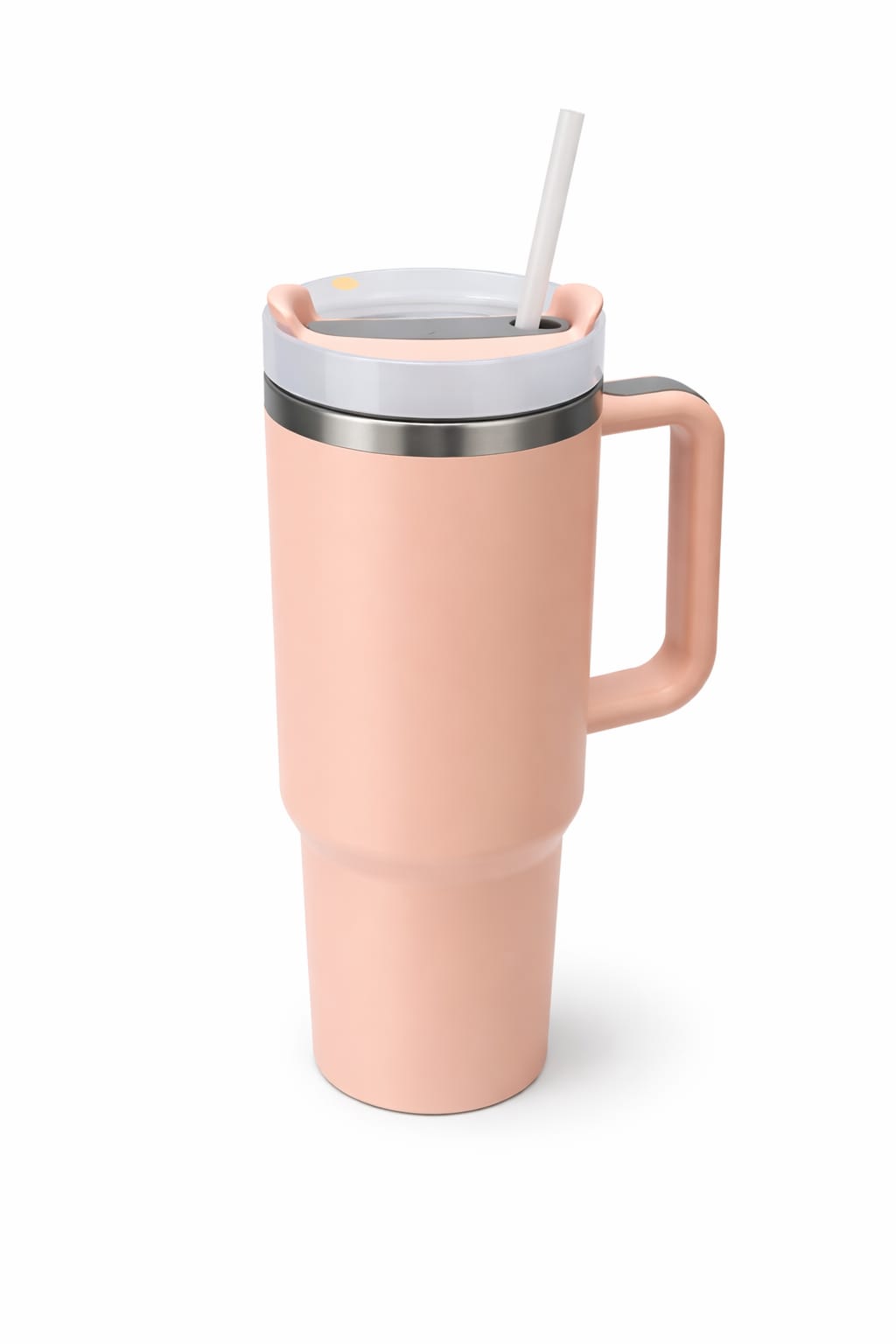 Thermobecher Edelstahl mit Griff und Strohhalm isoliert